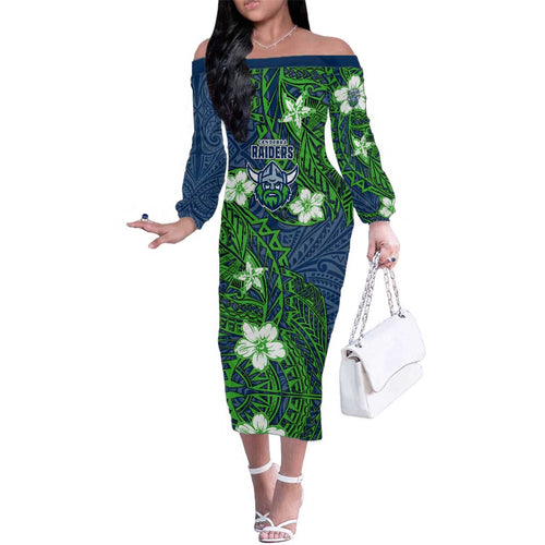 Personalised Canberra Raiders Family Matching Off The Shoulder Long Sleeve Dress and Hawaiian Shirt Polynesian Tribal Pattern With Rugby Viking Mascot Art