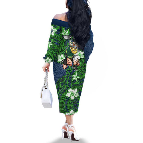 Personalised Canberra Raiders Family Matching Off The Shoulder Long Sleeve Dress and Hawaiian Shirt Polynesian Tribal Pattern With Rugby Viking Mascot Art