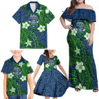 Personalised Canberra Raiders Family Matching Off Shoulder Maxi Dress and Hawaiian Shirt Polynesian Tribal Pattern With Rugby Viking Mascot Art