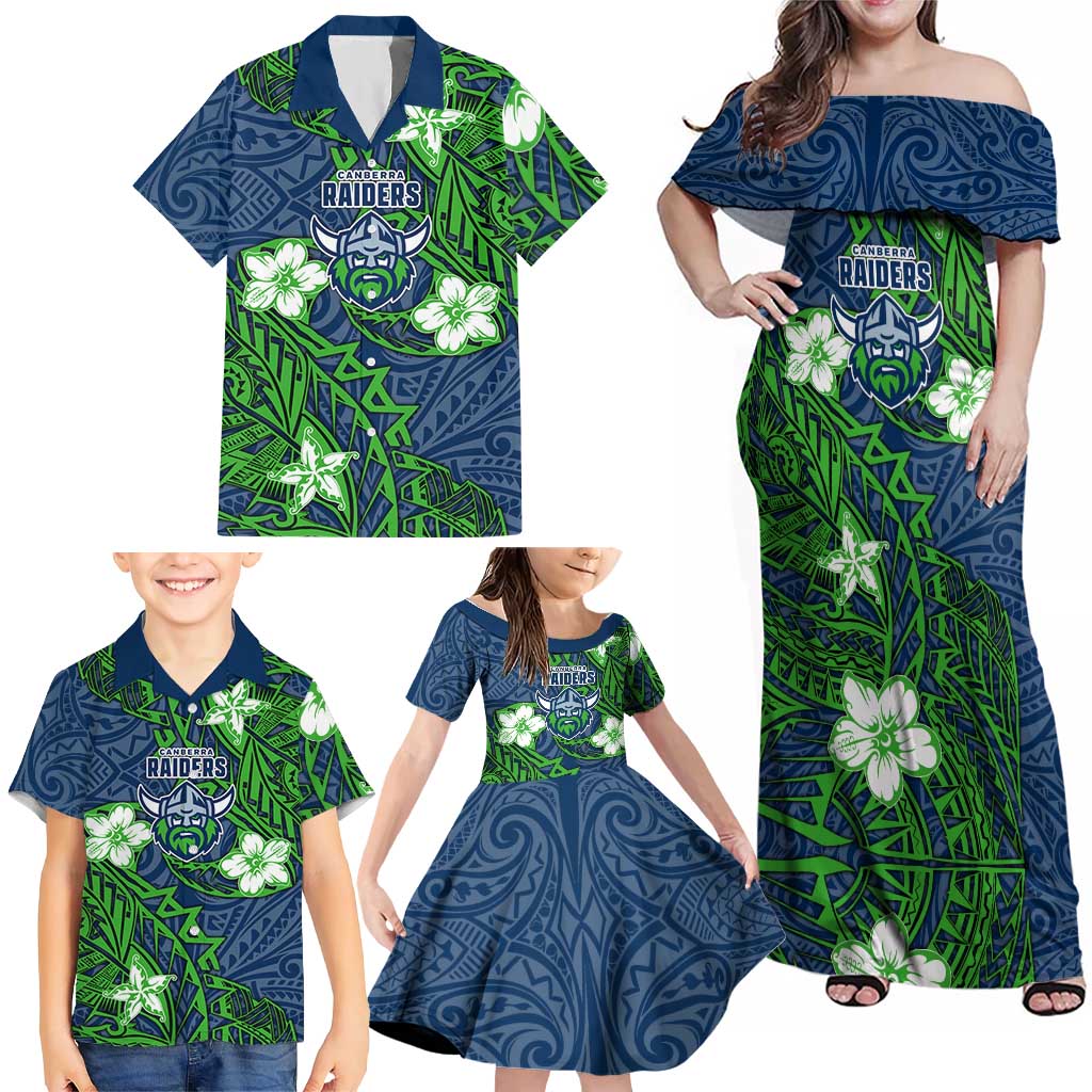 Personalised Canberra Raiders Family Matching Off Shoulder Maxi Dress and Hawaiian Shirt Polynesian Tribal Pattern With Rugby Viking Mascot Art