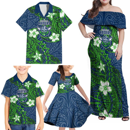 Personalised Canberra Raiders Family Matching Off Shoulder Maxi Dress and Hawaiian Shirt Polynesian Tribal Pattern With Rugby Viking Mascot Art