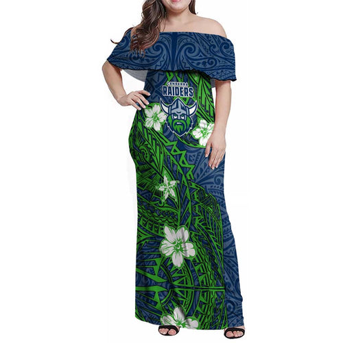 Personalised Canberra Raiders Family Matching Off Shoulder Maxi Dress and Hawaiian Shirt Polynesian Tribal Pattern With Rugby Viking Mascot Art