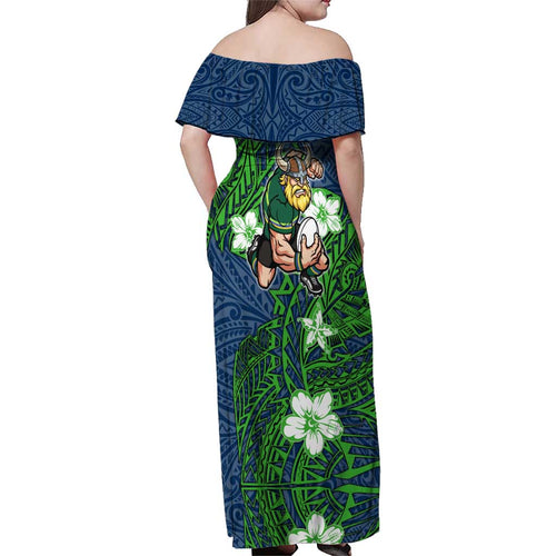 Personalised Canberra Raiders Family Matching Off Shoulder Maxi Dress and Hawaiian Shirt Polynesian Tribal Pattern With Rugby Viking Mascot Art