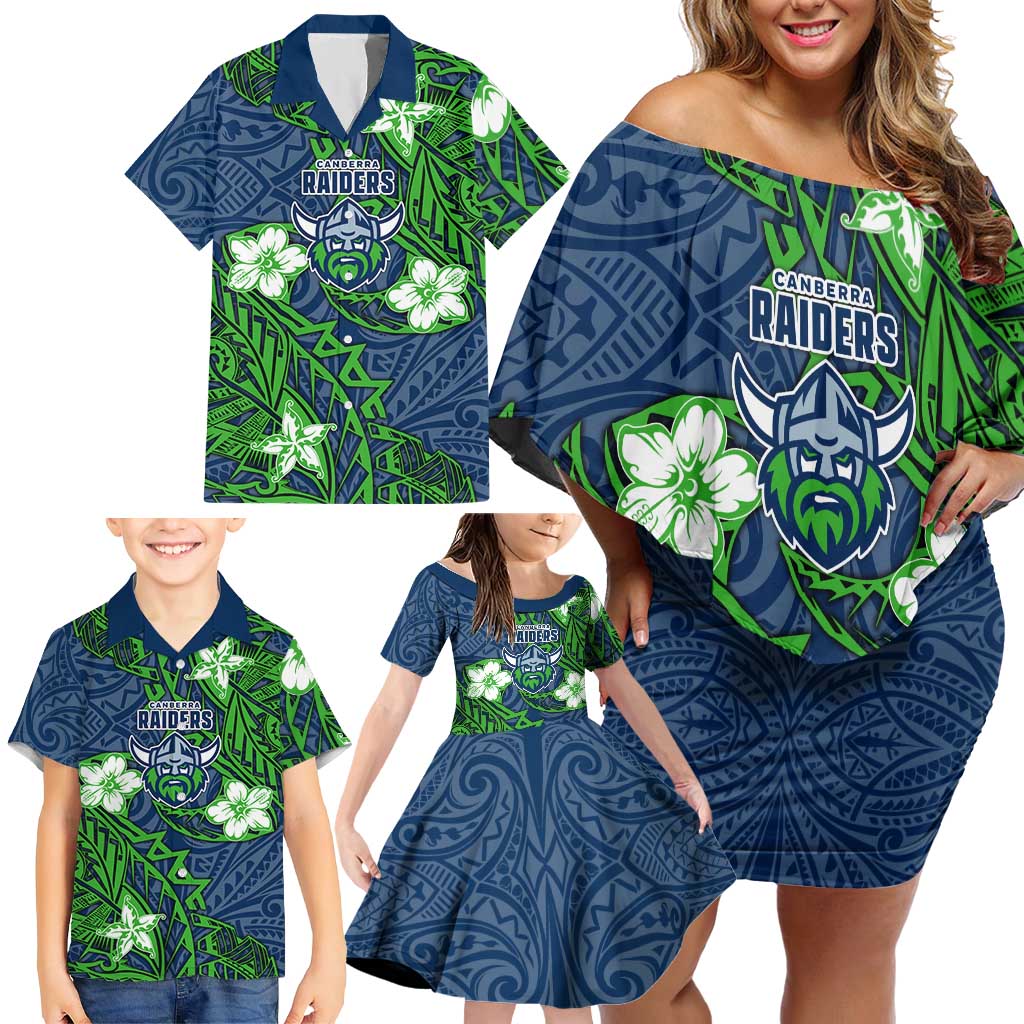 Personalised Canberra Raiders Family Matching Off Shoulder Short Dress and Hawaiian Shirt Polynesian Tribal Pattern With Rugby Viking Mascot Art
