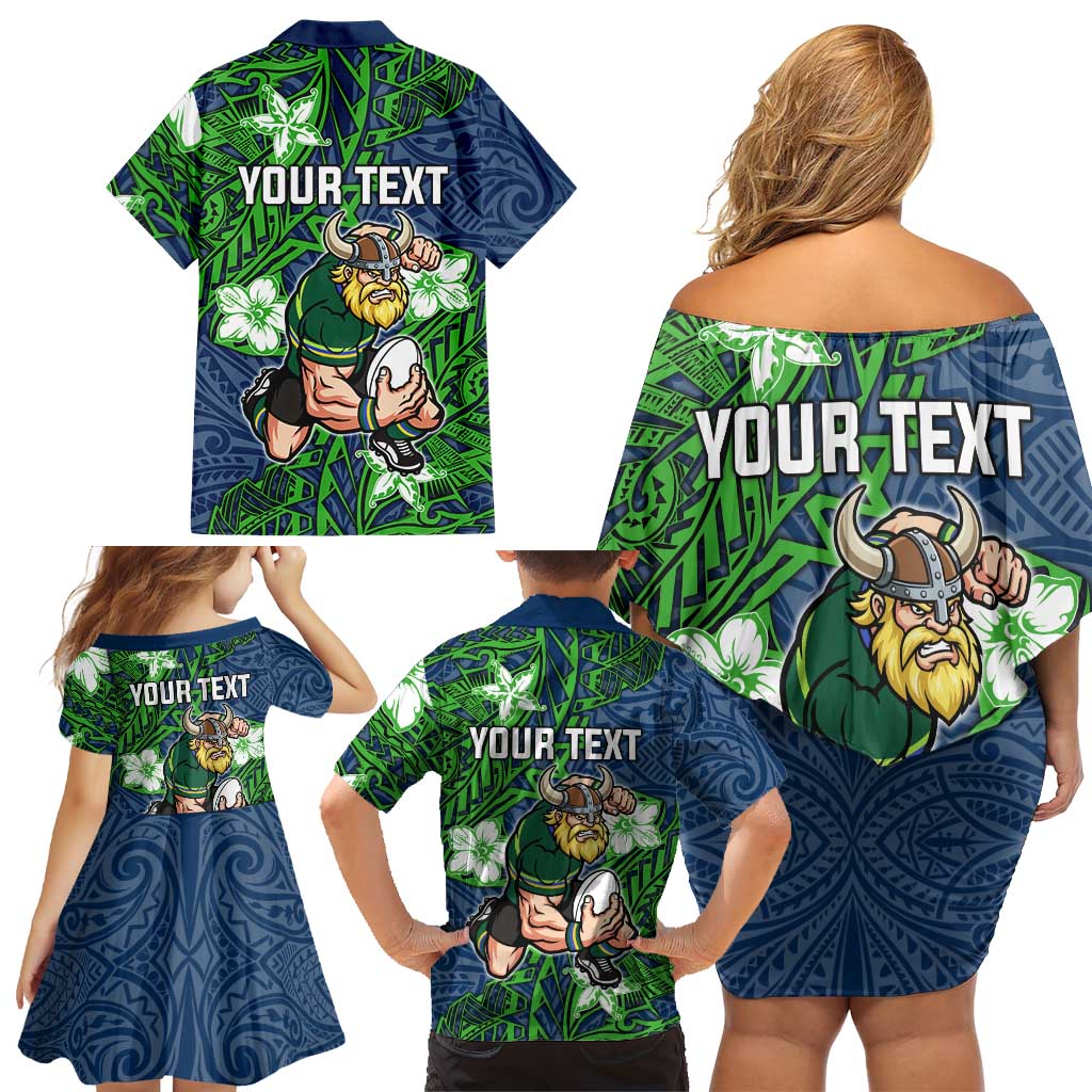 Personalised Canberra Raiders Family Matching Off Shoulder Short Dress and Hawaiian Shirt Polynesian Tribal Pattern With Rugby Viking Mascot Art