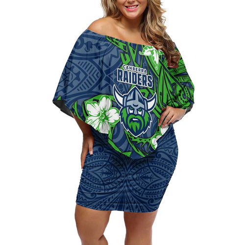 Personalised Canberra Raiders Family Matching Off Shoulder Short Dress and Hawaiian Shirt Polynesian Tribal Pattern With Rugby Viking Mascot Art
