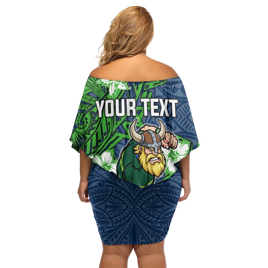 Personalised Canberra Raiders Family Matching Off Shoulder Short Dress and Hawaiian Shirt Polynesian Tribal Pattern With Rugby Viking Mascot Art