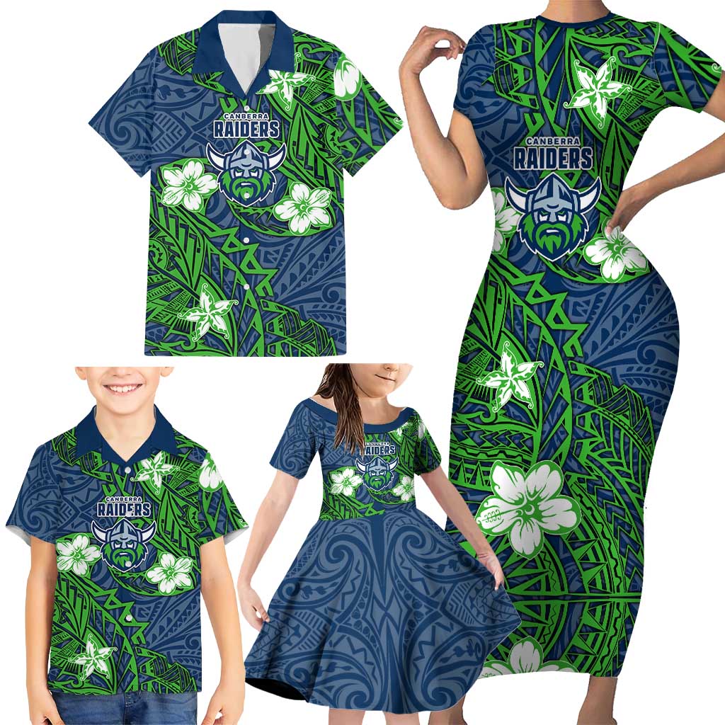 Personalised Canberra Raiders Family Matching Short Sleeve Bodycon Dress and Hawaiian Shirt Polynesian Tribal Pattern With Rugby Viking Mascot Art