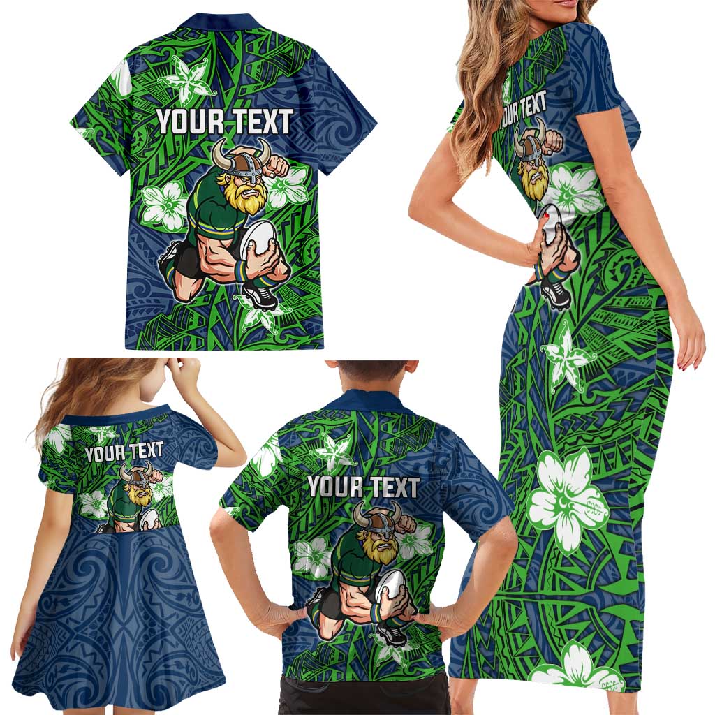 Personalised Canberra Raiders Family Matching Short Sleeve Bodycon Dress and Hawaiian Shirt Polynesian Tribal Pattern With Rugby Viking Mascot Art
