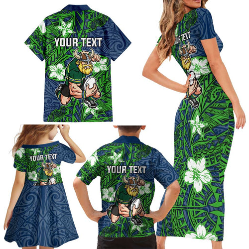 Personalised Canberra Raiders Family Matching Short Sleeve Bodycon Dress and Hawaiian Shirt Polynesian Tribal Pattern With Rugby Viking Mascot Art