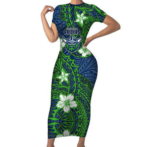 Personalised Canberra Raiders Family Matching Short Sleeve Bodycon Dress and Hawaiian Shirt Polynesian Tribal Pattern With Rugby Viking Mascot Art