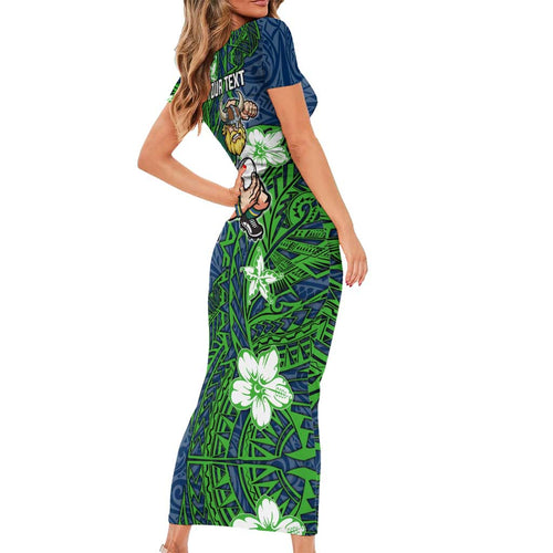 Personalised Canberra Raiders Family Matching Short Sleeve Bodycon Dress and Hawaiian Shirt Polynesian Tribal Pattern With Rugby Viking Mascot Art