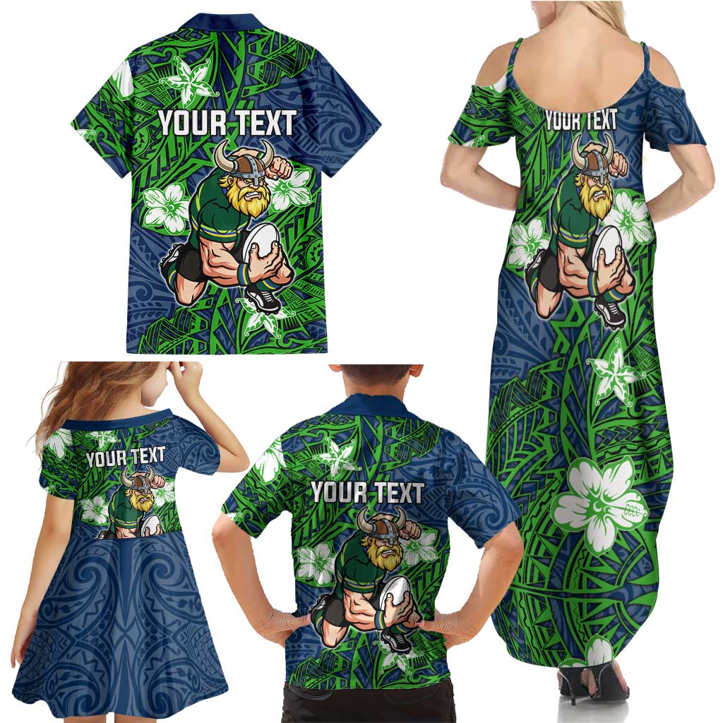Personalised Canberra Raiders Family Matching Summer Maxi Dress and Hawaiian Shirt Polynesian Tribal Pattern With Rugby Viking Mascot Art