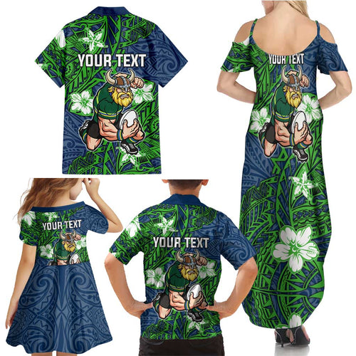 Personalised Canberra Raiders Family Matching Summer Maxi Dress and Hawaiian Shirt Polynesian Tribal Pattern With Rugby Viking Mascot Art