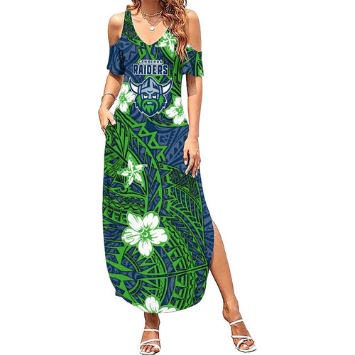 Personalised Canberra Raiders Family Matching Summer Maxi Dress and Hawaiian Shirt Polynesian Tribal Pattern With Rugby Viking Mascot Art