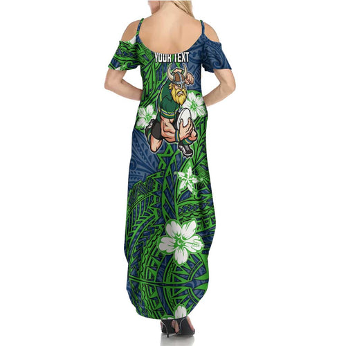 Personalised Canberra Raiders Family Matching Summer Maxi Dress and Hawaiian Shirt Polynesian Tribal Pattern With Rugby Viking Mascot Art