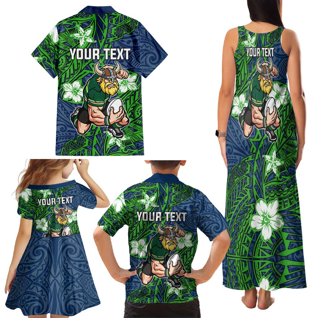 Personalised Canberra Raiders Family Matching Tank Maxi Dress and Hawaiian Shirt Polynesian Tribal Pattern With Rugby Viking Mascot Art
