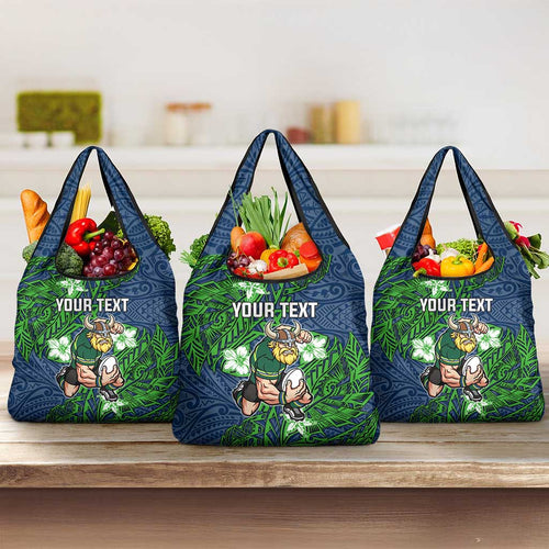 Personalised Canberra Raiders Grocery Bag Polynesian Tribal Pattern With Rugby Viking Mascot Art