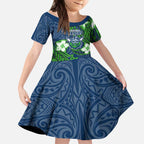 Personalised Canberra Raiders Kid Short Sleeve Dress Polynesian Tribal Pattern With Rugby Viking Mascot Art