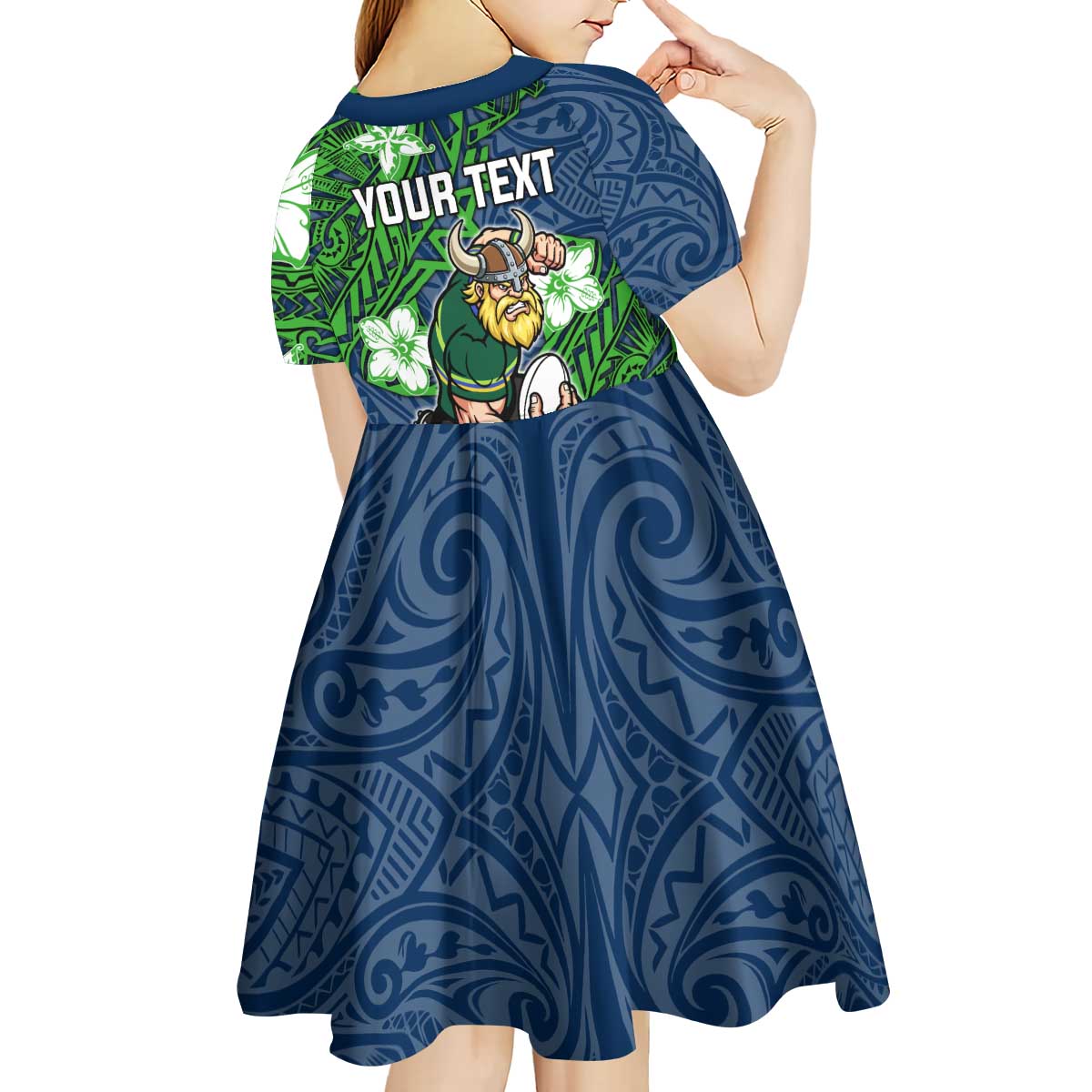Personalised Canberra Raiders Kid Short Sleeve Dress Polynesian Tribal Pattern With Rugby Viking Mascot Art
