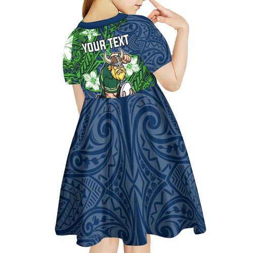 Personalised Canberra Raiders Kid Short Sleeve Dress Polynesian Tribal Pattern With Rugby Viking Mascot Art