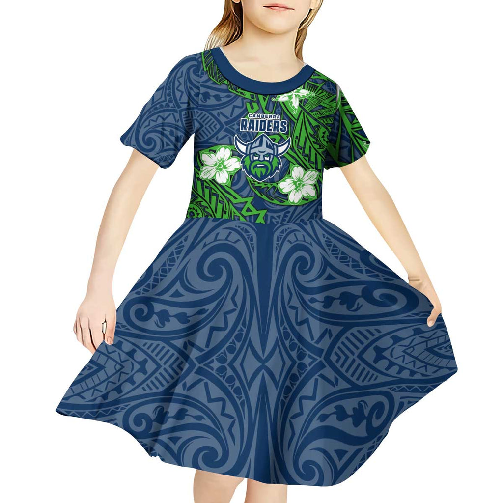 Personalised Canberra Raiders Kid Short Sleeve Dress Polynesian Tribal Pattern With Rugby Viking Mascot Art