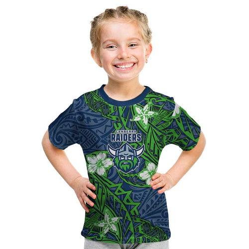 Personalised Canberra Raiders Kid T Shirt Polynesian Tribal Pattern With Rugby Viking Mascot Art