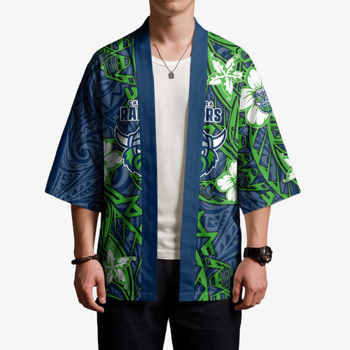 Personalised Canberra Raiders Kimono Polynesian Tribal Pattern With Rugby Viking Mascot Art