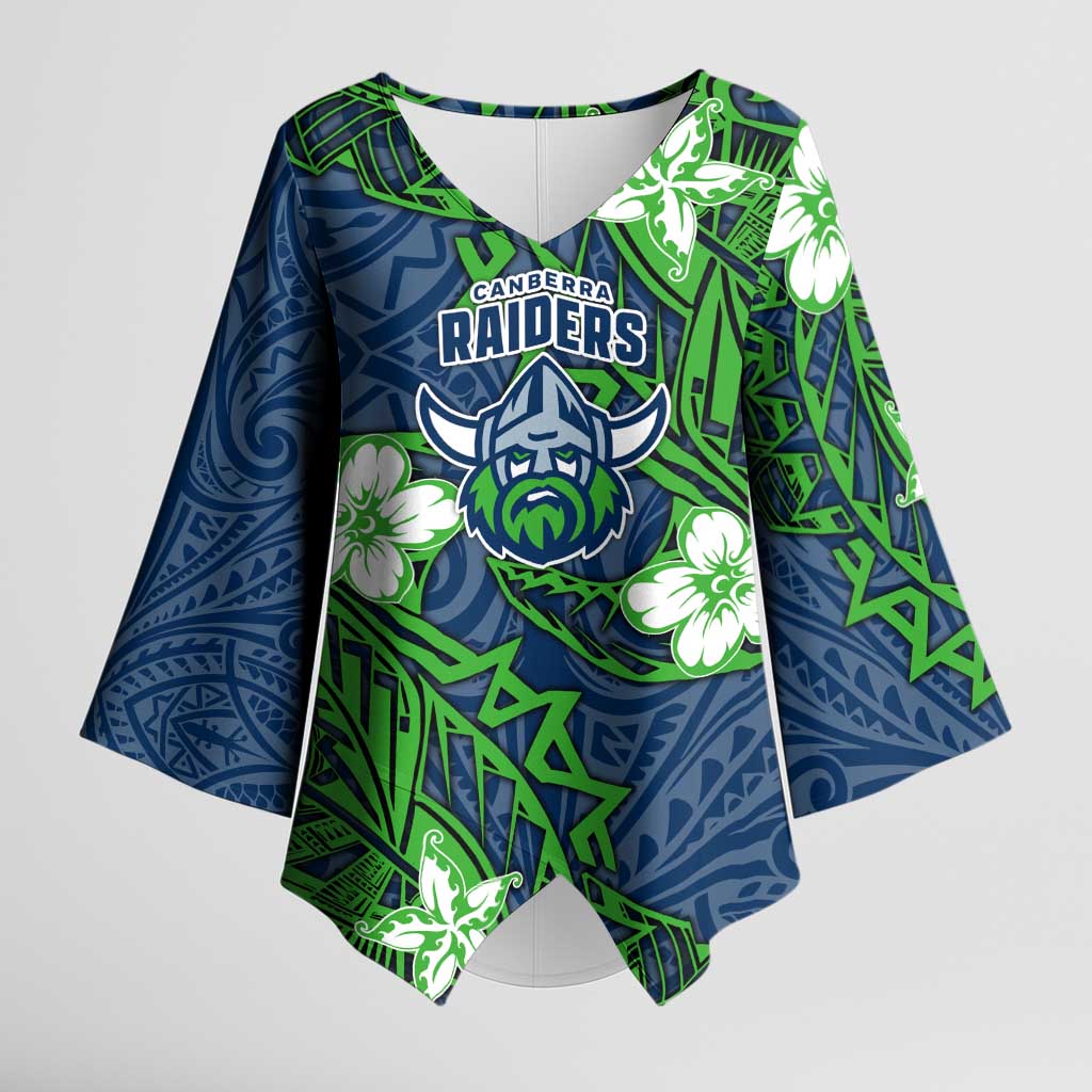 Personalised Canberra Raiders Kimono Sleeve Blouse Polynesian Tribal Pattern With Rugby Viking Mascot Art