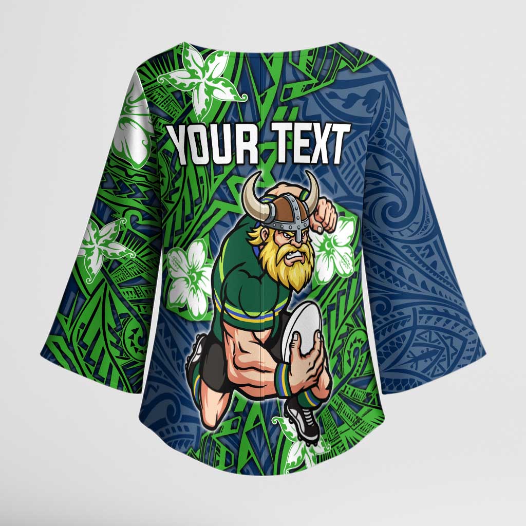 Personalised Canberra Raiders Kimono Sleeve Blouse Polynesian Tribal Pattern With Rugby Viking Mascot Art