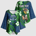 Personalised Canberra Raiders Kimono Sleeve Blouse Polynesian Tribal Pattern With Rugby Viking Mascot Art