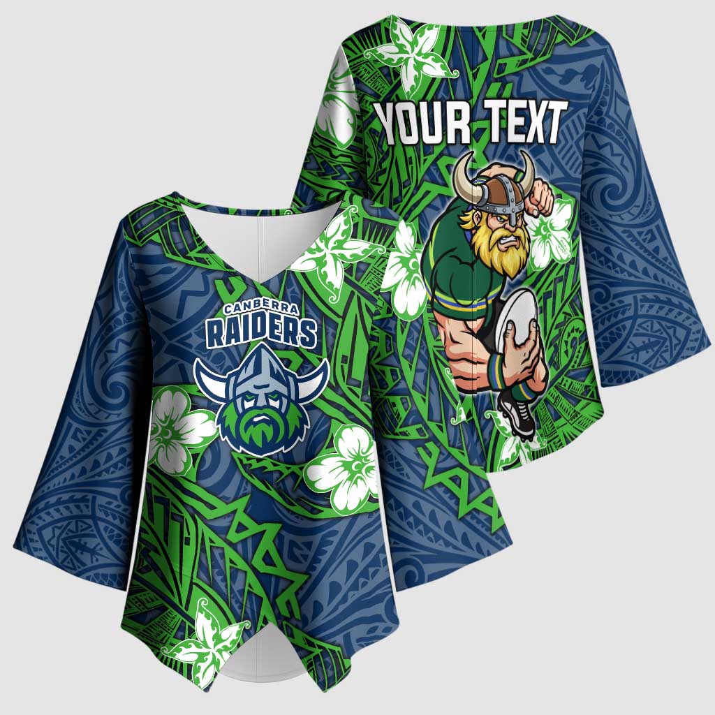 Personalised Canberra Raiders Kimono Sleeve Blouse Polynesian Tribal Pattern With Rugby Viking Mascot Art