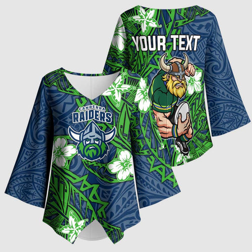 Personalised Canberra Raiders Kimono Sleeve Blouse Polynesian Tribal Pattern With Rugby Viking Mascot Art