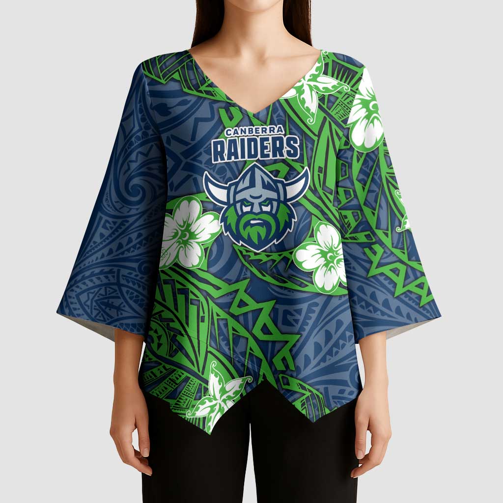 Personalised Canberra Raiders Kimono Sleeve Blouse Polynesian Tribal Pattern With Rugby Viking Mascot Art