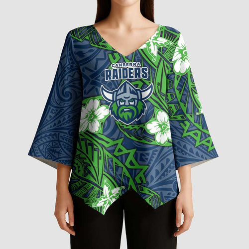 Personalised Canberra Raiders Kimono Sleeve Blouse Polynesian Tribal Pattern With Rugby Viking Mascot Art