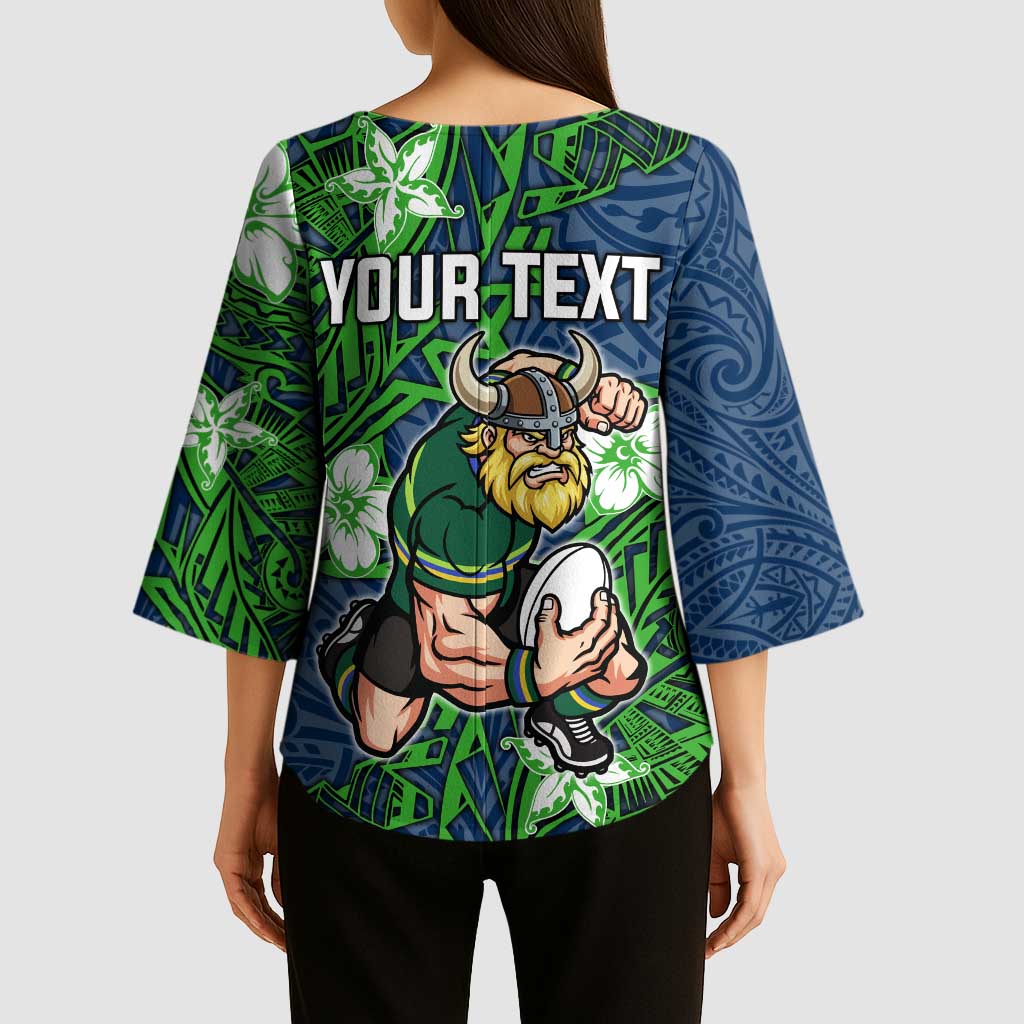 Personalised Canberra Raiders Kimono Sleeve Blouse Polynesian Tribal Pattern With Rugby Viking Mascot Art