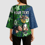 Personalised Canberra Raiders Kimono Sleeve Blouse Polynesian Tribal Pattern With Rugby Viking Mascot Art