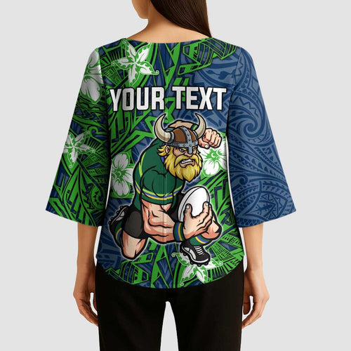 Personalised Canberra Raiders Kimono Sleeve Blouse Polynesian Tribal Pattern With Rugby Viking Mascot Art