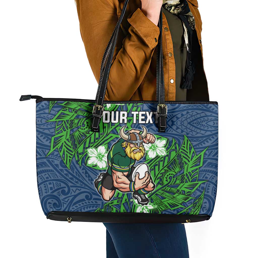 Personalised Canberra Raiders Leather Tote Bag Polynesian Tribal Pattern With Rugby Viking Mascot Art
