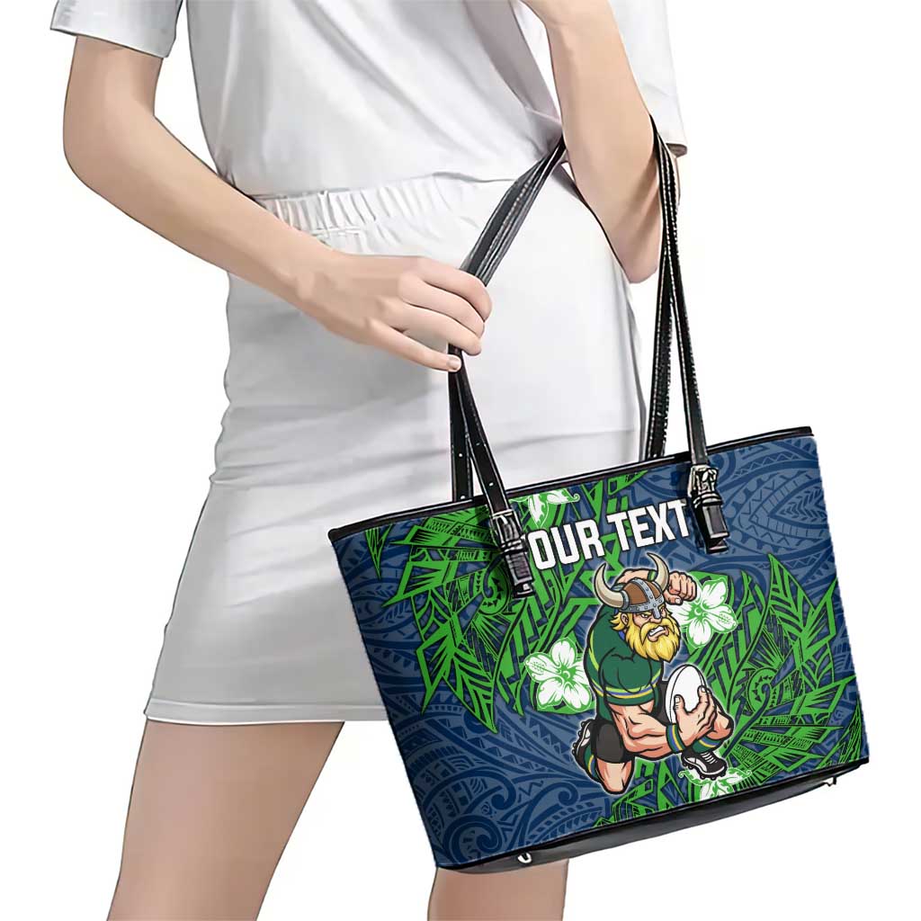 Personalised Canberra Raiders Leather Tote Bag Polynesian Tribal Pattern With Rugby Viking Mascot Art