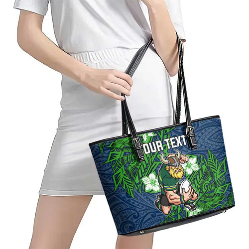 Personalised Canberra Raiders Leather Tote Bag Polynesian Tribal Pattern With Rugby Viking Mascot Art