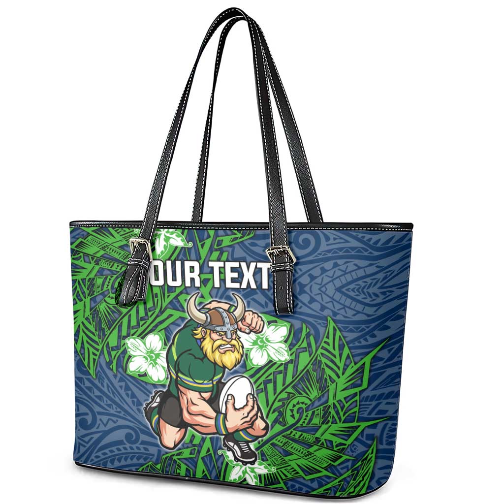 Personalised Canberra Raiders Leather Tote Bag Polynesian Tribal Pattern With Rugby Viking Mascot Art