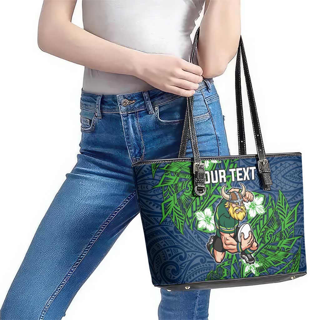 Personalised Canberra Raiders Leather Tote Bag Polynesian Tribal Pattern With Rugby Viking Mascot Art