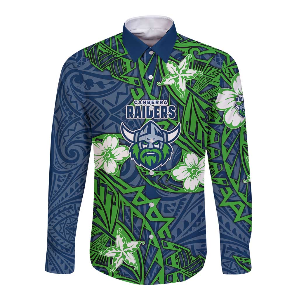 Personalised Canberra Raiders Long Sleeve Button Shirt Polynesian Tribal Pattern With Rugby Viking Mascot Art