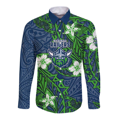 Personalised Canberra Raiders Long Sleeve Button Shirt Polynesian Tribal Pattern With Rugby Viking Mascot Art