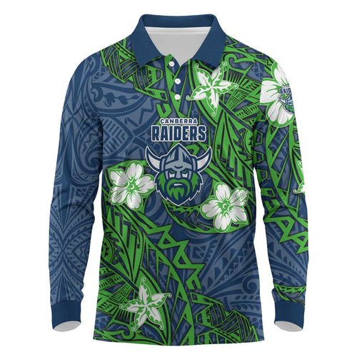Personalised Canberra Raiders Long Sleeve Polo Shirt Polynesian Tribal Pattern With Rugby Viking Mascot Art