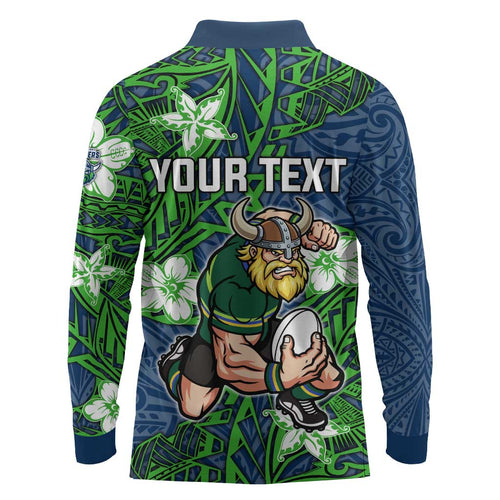 Personalised Canberra Raiders Long Sleeve Polo Shirt Polynesian Tribal Pattern With Rugby Viking Mascot Art