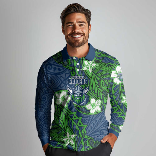 Personalised Canberra Raiders Long Sleeve Polo Shirt Polynesian Tribal Pattern With Rugby Viking Mascot Art