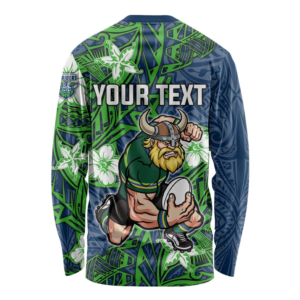 Personalised Canberra Raiders Long Sleeve Shirt Polynesian Tribal Pattern With Rugby Viking Mascot Art