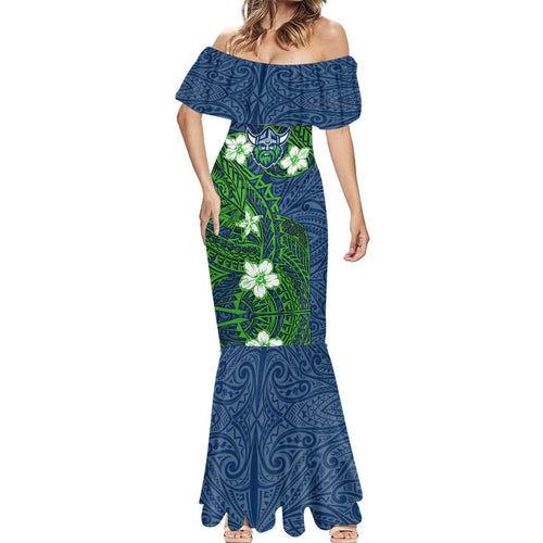 Personalised Canberra Raiders Mermaid Dress Polynesian Tribal Pattern With Rugby Viking Mascot Art